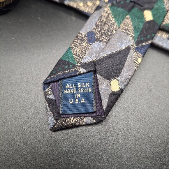 G.J. Cahn Vintage Silk Tie Green & Blue Geometric Pattern 3.5" Width Hand-Sewn - Picture 4 of 5